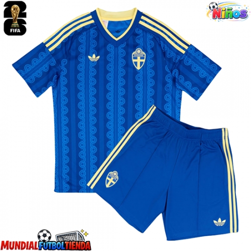 Camiseta Suecia Segunda Equipación Replica Mundial 2026 para niños mangas cortas (+ Pantalones cortos)